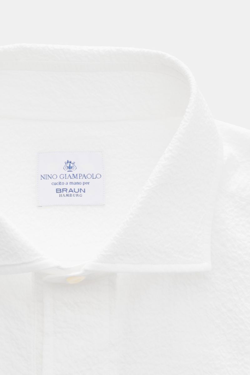 Giampaolo Seersucker Popover-Hemd Haifisch-Kragen weiß, Nahaufnahme von Kragen und Knopfleiste, Baumwolle, elastisch, Regular Fit.