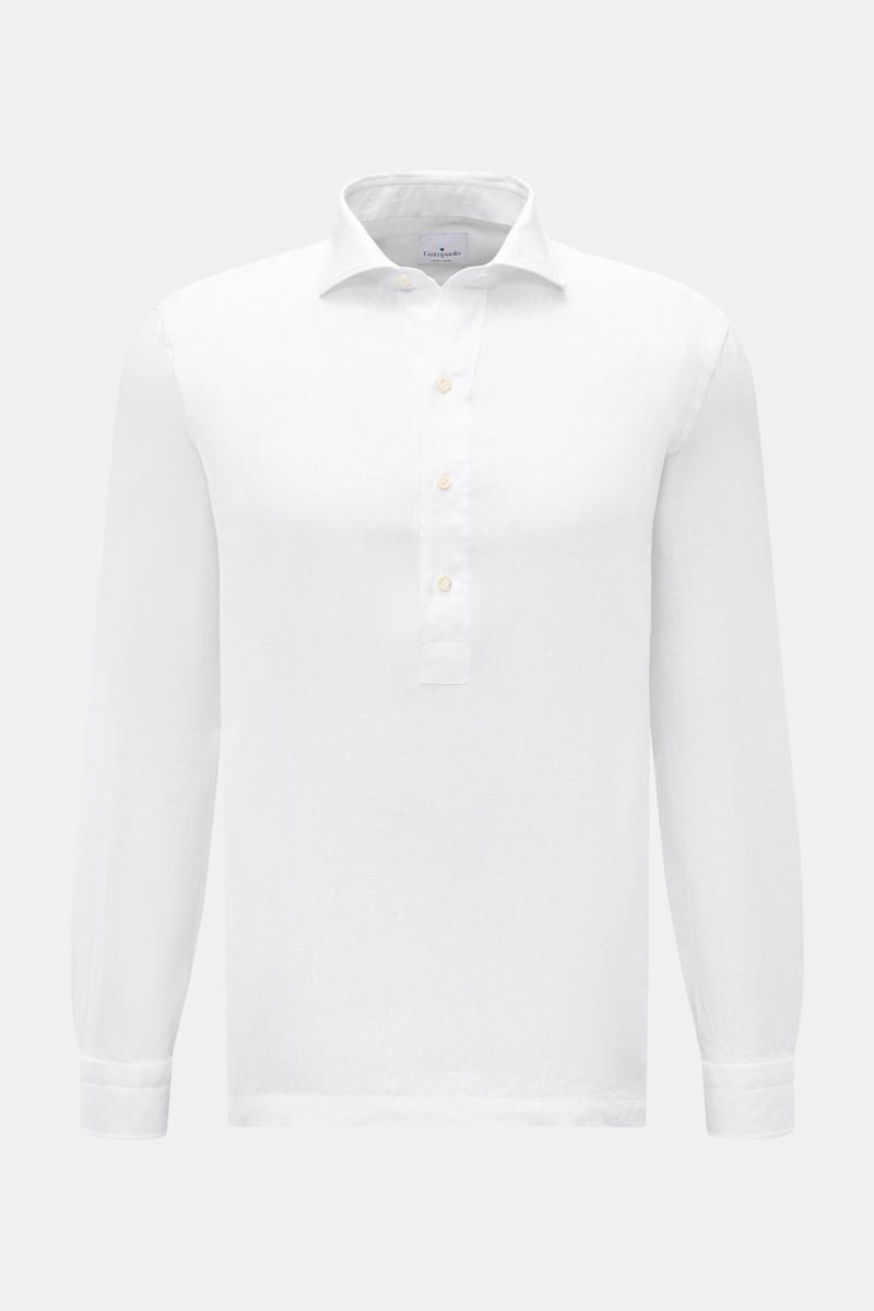 Giampaolo Leinen Popover-Hemd Haifisch-Kragen weiß, frontal fotografiert, reines Leinen, luftige Qualität, Perlmuttknöpfe, Regular Fit, Sportmanschette.