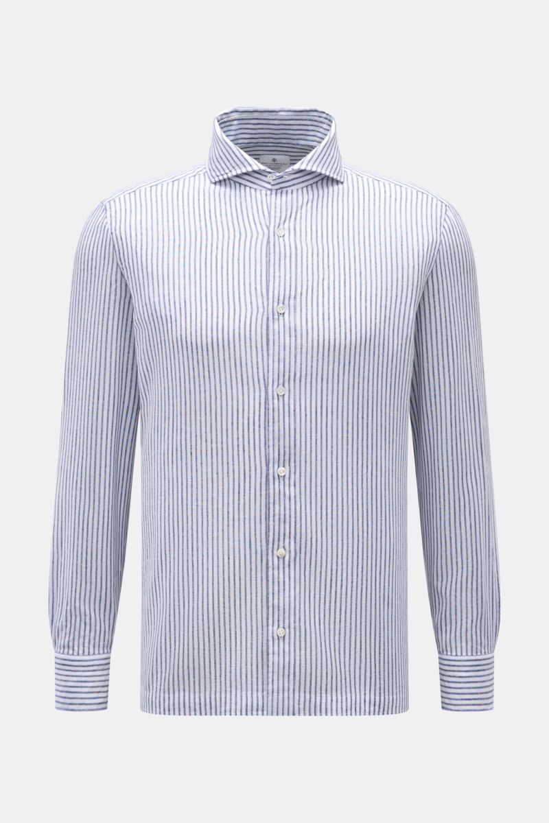 Giampaolo Casual Hemd Haifisch-Kragen weiß/navy gestreift, Slim Fit, leichte Baumwolle-Leinen-Mischung, Haifisch-Kragen, Knopfleiste, Sportmanschette, Frontansicht.