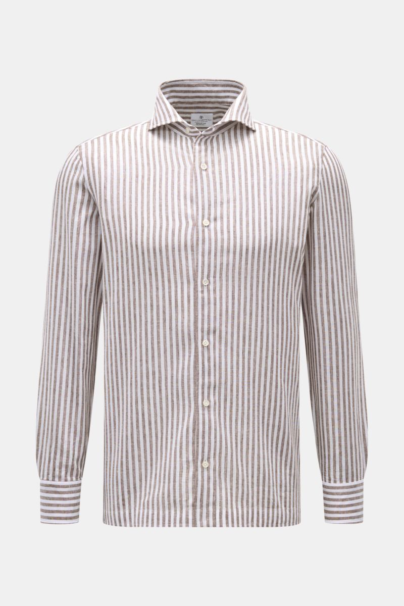 Giampaolo Casual Hemd Haifisch-Kragen graubraun/weiß gestreift, Slim Fit, Baumwolle-Leinen, leichtes Gewebe, Sportmanschette, frontal fotografiert.