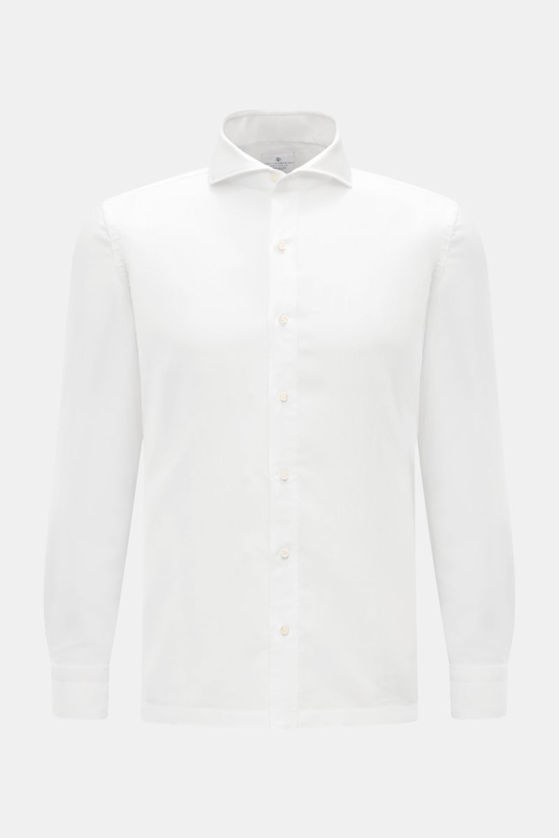 Giampaolo Casual Hemd Haifisch-Kragen weiß, frontal fotografiert, Slim Fit, Baumwoll-Leinen-Mix, feste Haptik, klassischer Saum und Manschetten.