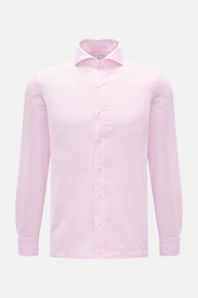 Giampaolo Casual Hemd Haifisch-Kragen rosé, Slim Fit, Baumwoll-Leinen-Mix, Haifisch-Kragen, Knopfleiste, Sportmanschette, gerader Saum, Frontalansicht.