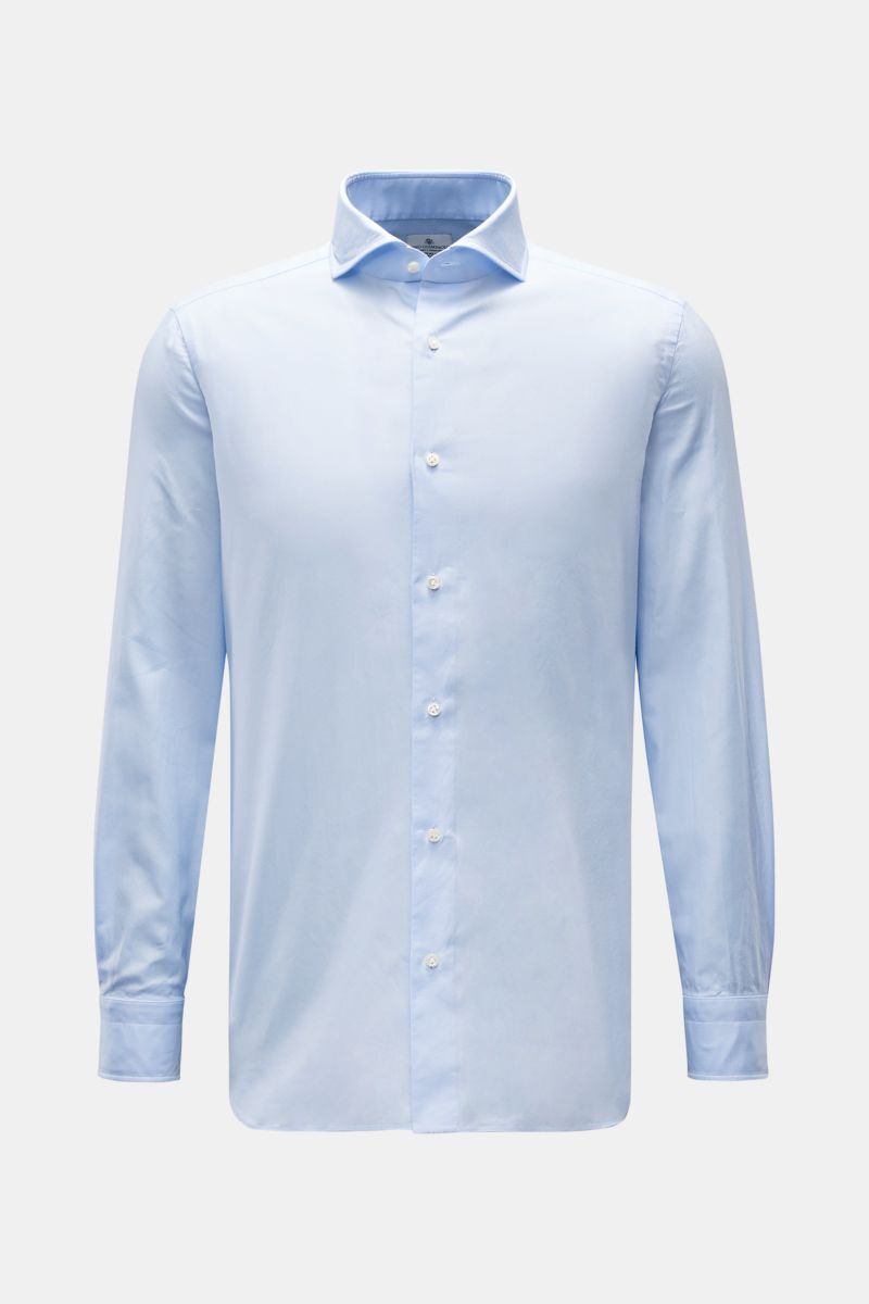 Giampaolo Oxford-Hemd Haifisch-Kragen hellblau, Slim Fit, reine Baumwolle, Haifisch-Kragen, französische Knopfleiste, Sportmanschette, Taillenabnäher, gerundeter Saum, Frontansicht.