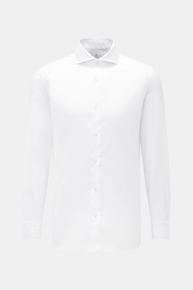 Giampaolo Oxford-Hemd Haifisch-Kragen weiß, frontal fotografiert, Slim Fit, Oxford-Baumwolle, weicher Griff, französische Knopfleiste, Sportmanschette, Taillenabnäher, gerundeter Saum.