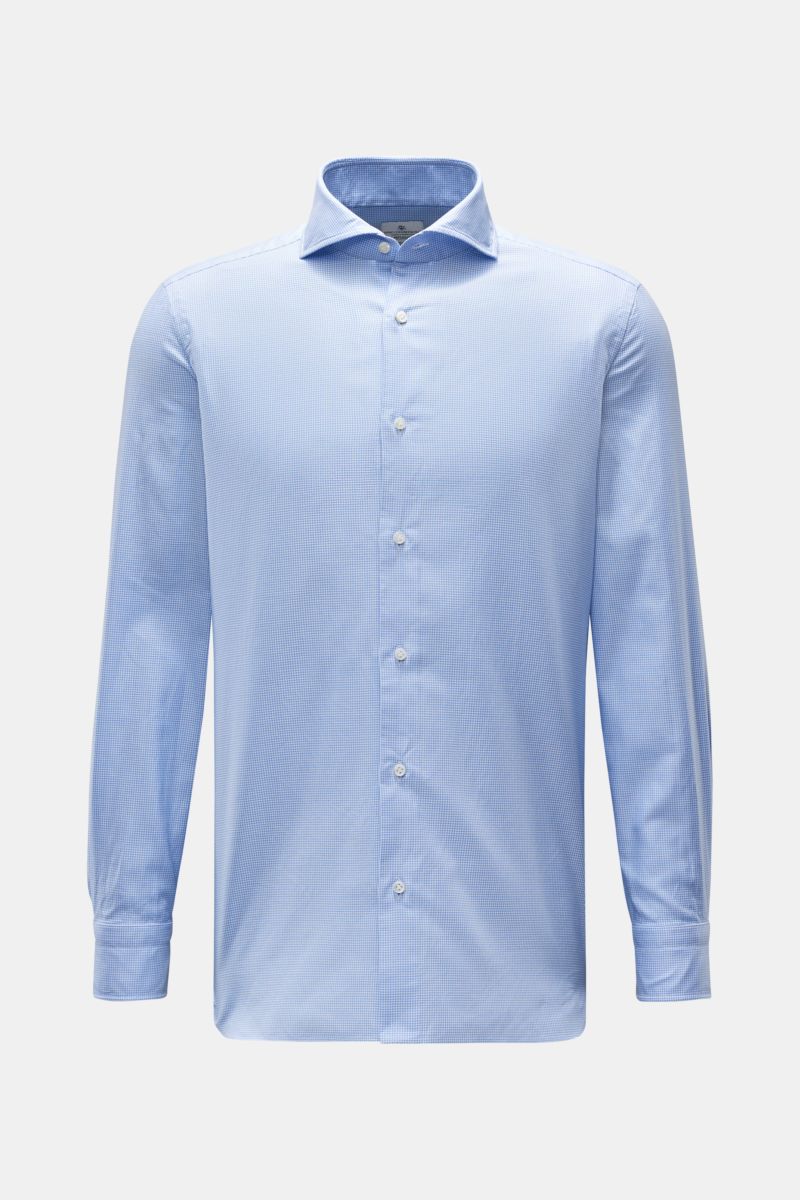Giampaolo Casual Hemd Haifisch-Kragen hellblau/weiß kariert, Frontansicht, Slim Fit, micro Hahnentritt, reine Baumwolle, klassische Sportmanschette.