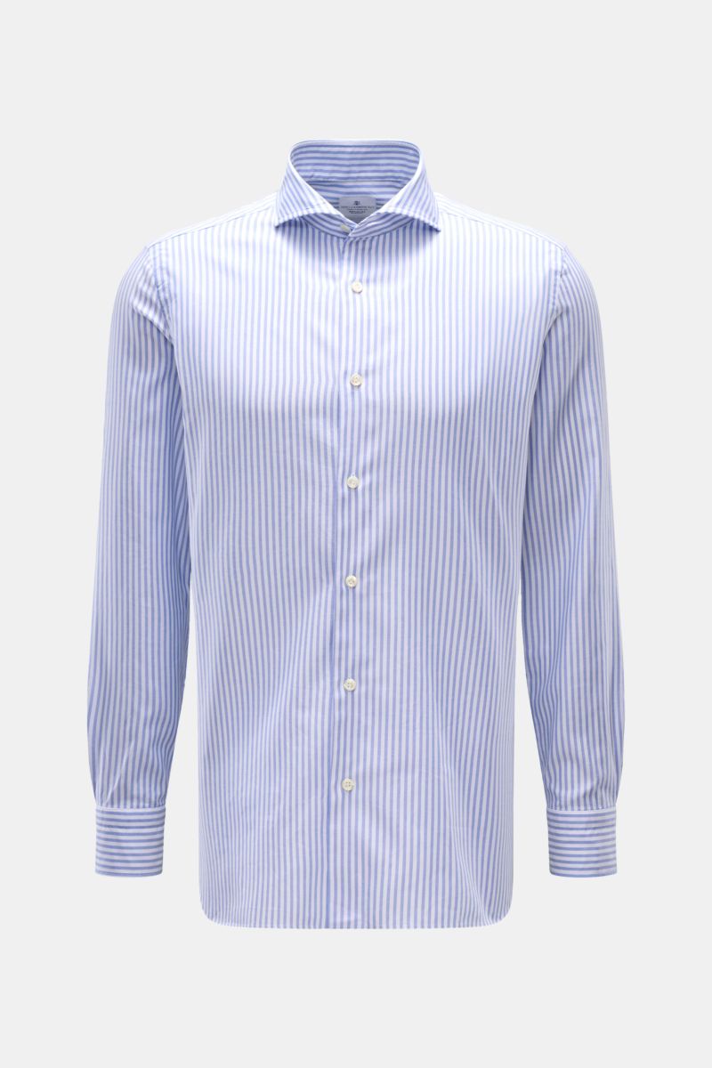 Giampaolo Oxford-Hemd Haifisch-Kragen blau/weiß gestreift, Slim Fit, reine Baumwolle, Haifisch-Kragen, Sportmanschette, frontal fotografiert.