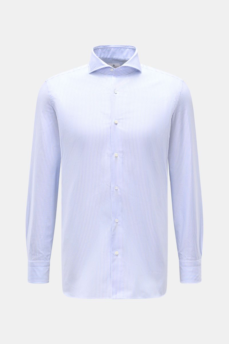 Giampaolo Oxford-Hemd Haifisch-Kragen weiß/hellblau gestreift, Slim Fit, Oxford-Baumwolle, Haifisch-Kragen, Sportmanschette, Frontansicht.