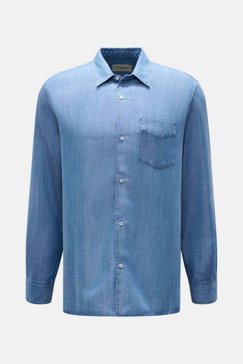 Frontansicht des Officine Générale Casual Hemd 'Guido' Kent-Kragen blau meliert, Denim-Look, Lyocell, Brusttasche, Regular Fit.