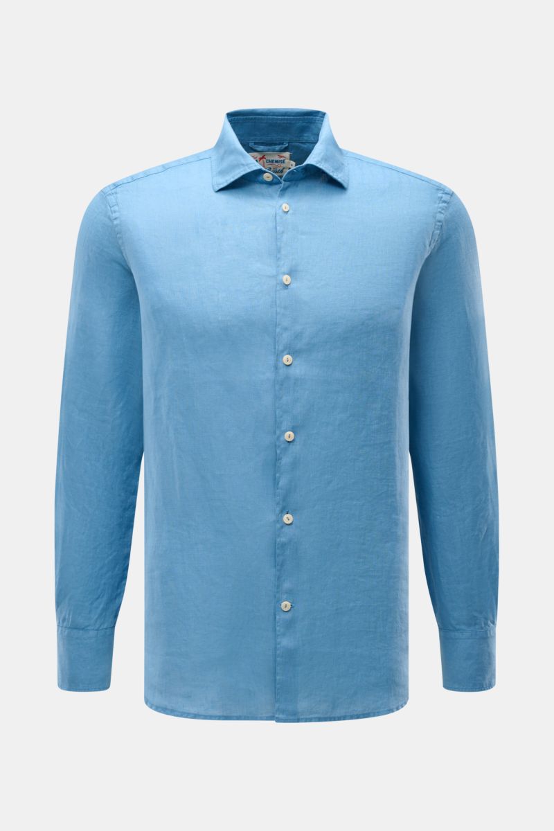 MC2 Saint Barth Leinenhemd 'Pamplona' Haifisch-Kragen rauchblau, Slim Fit, Leinwandbindung, weicher Griff, Haifisch-Kragen, Knopfleiste, Sportmanschette, Taillenabnäher, Saumverlauf, tonales Stitching, frontal fotografiert.