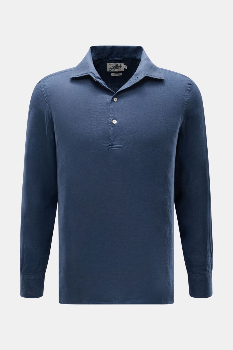 MC2 Saint Barth Popover-Leinenhemd 'Raphael' Haifisch-Kragen dunkelblau, vorne fotografiert, aus reinem Leinen, leichte Qualität, Regular Fit, französische Knopfleiste, klassische Sportmanschette.