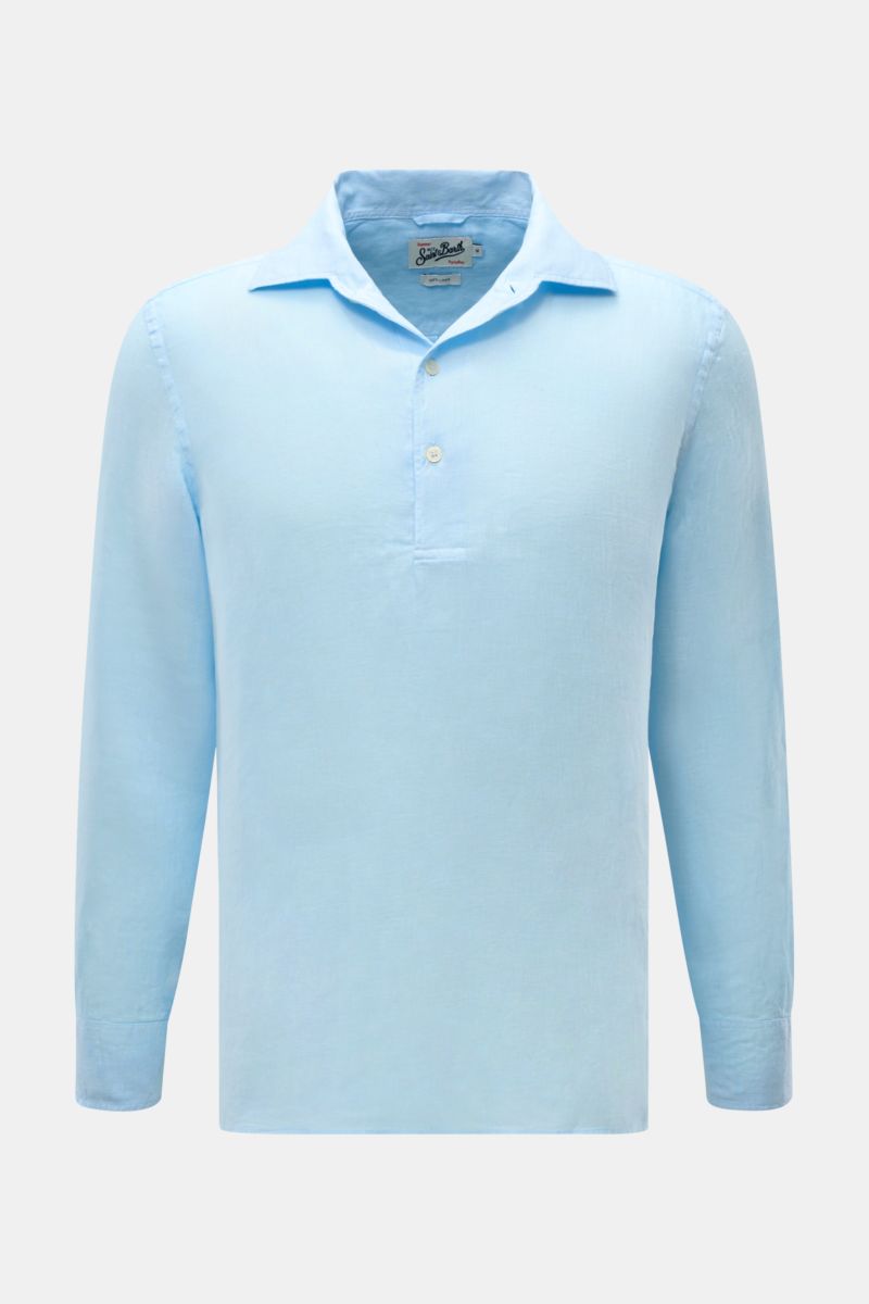MC2 Saint Barth Popover-Leinenhemd 'Raphael' Haifisch-Kragen hellblau, frontale Nahaufnahme, reines Leinen, leichte Qualität, französische Knopfleiste.