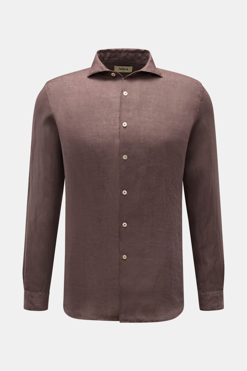 Altea Leinenhemd 'Mercer' Haifisch-Kragen graubraun von vorne, Slim Fit, reine Leinen-Gaze, weicher Griff, leichte Qualität, klassische Sportmanschette.