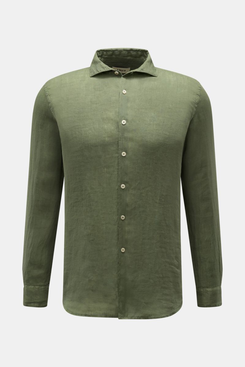 Altea Leinenhemd 'Mercer' Haifisch-Kragen grün, frontale Ansicht, reine Leinen-Gaze, Slim Fit, weicher Griff, leichte Sommerqualität.