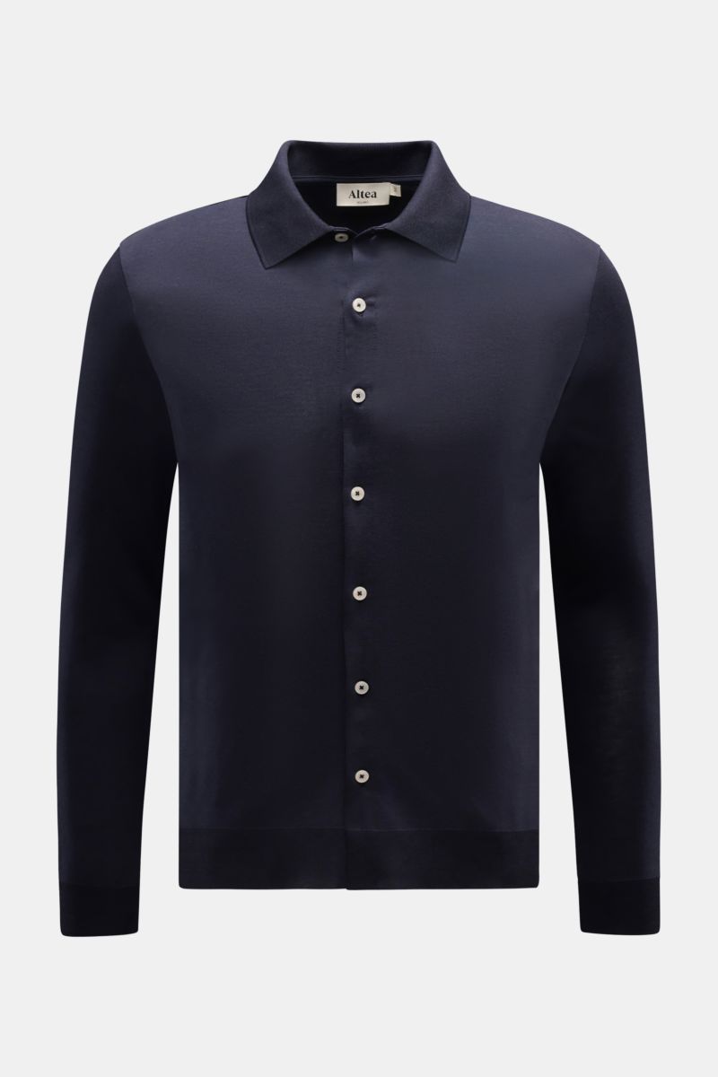 Front view of Altea Jersey shirt 'Julius' polo shirt collar navy, slim fit with soft jersey, full button placket, ribbed cuffs and hem, made of lyocell and cotton blend.