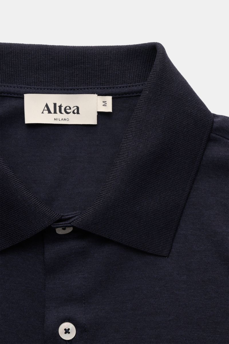 Altea Jersey shirt 'Julius' polo shirt collar navy, close-up front view showing soft jersey fabric, smooth button placket, and ribbed collar. If you can’t decide between a shirt and a polo shirt, choose the model 'Julius' from ALTEA which combines the bes