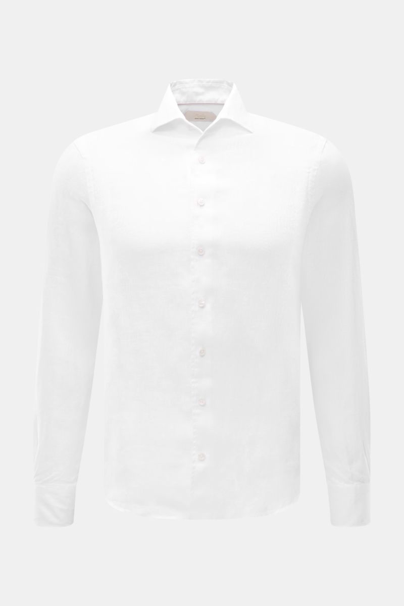 Front view of Aurélien Linen shirt shark collar white, a slim fit pure linen shirt with shark collar, French button placket, barrel cuffs, waist darts, and rounded hem, perfect for office and casual wear in warmer months.

Want to get into the holiday 