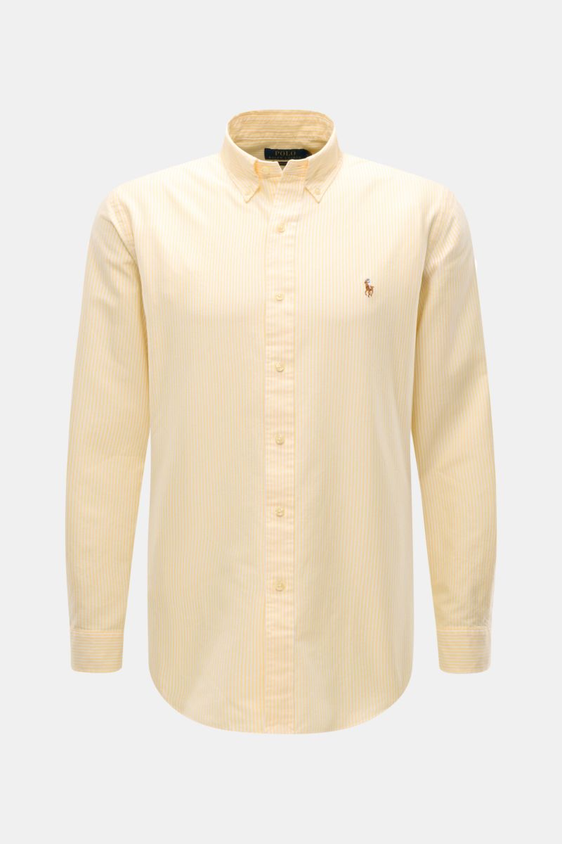 Polo Ralph Lauren Oxford-Hemd Button-Down-Kragen gelb/weiß gestreift shown from the front, featuring a classic button-down collar, subtle yellow and white stripes, embroidered multicolor Polo player logo on the chest, and button-up placket. Stilvoller 