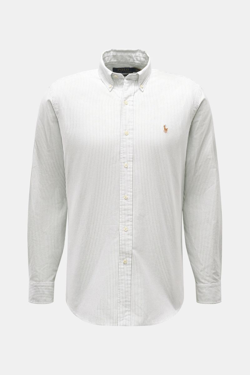 Polo Ralph Lauren Oxford shirt button-down collar dark green/white striped, front view, pure cotton with multi-coloured polo player stitching, pleat on back, classic barrel cuffs, rounded hem, regular fit.  
A stylish classic with attention to detail: 