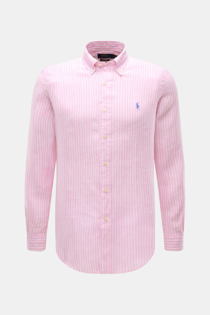 Polo Ralph Lauren Leinenhemd Button-Down-Kragen rosé/weiß gestreift shown from the front, slim fit linen shirt with button-down collar, soft feel, light quality, logo embroidery. Klassiker für den Sommer von POLO RALPH LAUREN: Dieses minimalistische Sl