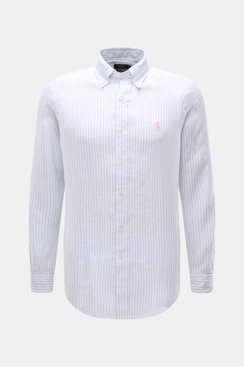 Front view of Polo Ralph Lauren Linen shirt button-down collar white/light blue striped, minimalist slim fit with button-down collar and signature logo stitching. A summer classic from POLO RALPH LAUREN: This minimalist slim fit shirt in the finest linen 
