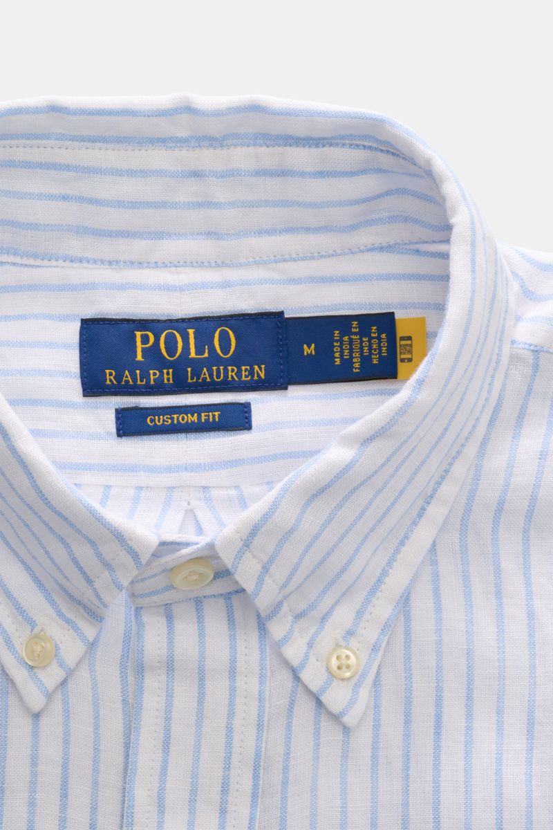 Polo Ralph Lauren Linen shirt button-down collar white/light blue striped, close-up front view of collar and label, summer classic, slim fit, linen plain weave, soft feel, lightweight fabric, button-down collar, patch button placket, signature logo stitch