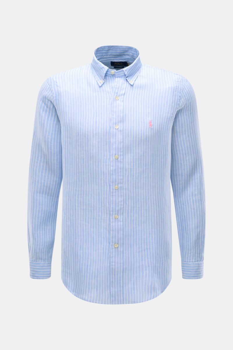 Front view of Polo Ralph Lauren Linen shirt button-down collar light blue/white striped, slim fit with button placket and logo.

Description: A summer classic from POLO RALPH LAUREN: This minimalist slim fit shirt in the finest linen with button-down c