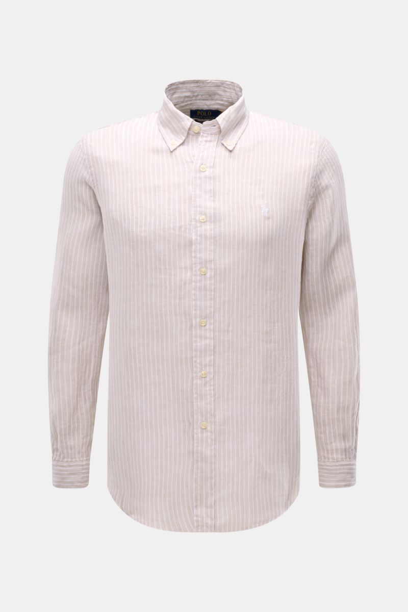 Polo Ralph Lauren Linen shirt button-down collar beige/white striped, front view, slim fit with button-down collar, soft linen fabric.

A summer classic from POLO RALPH LAUREN: This minimalist slim fit shirt in the finest linen with button-down collar 