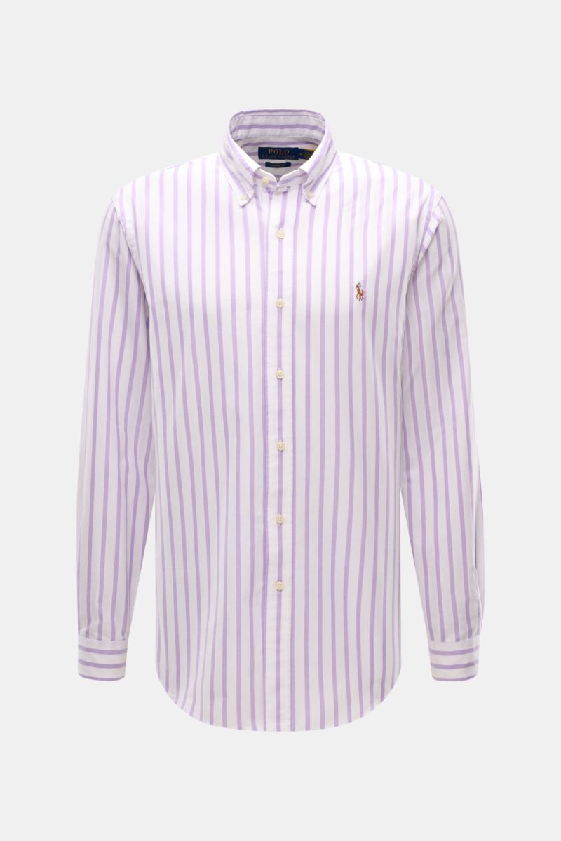Polo Ralph Lauren Casual Hemd Button-Down-Kragen flieder/weiß gestreift shown front-facing with slim-fit design, soft cotton fabric, button-down collar, logo embroidery, and rounded hem. Stilvoll durch den Sommer: Das Slim-Fit-Hemd von POLO RALPH LAURE