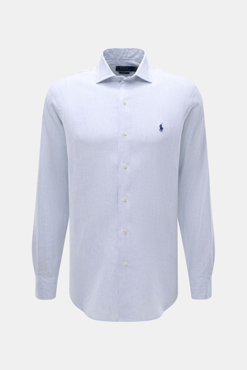 Polo Ralph Lauren Oxford shirt shark collar light blue/white striped shown from front, slim fit with shark collar, French button placket, classic barrel cuffs, rounded hem, soft linen-cotton fabric with elasticated feel and signature polo player stitching