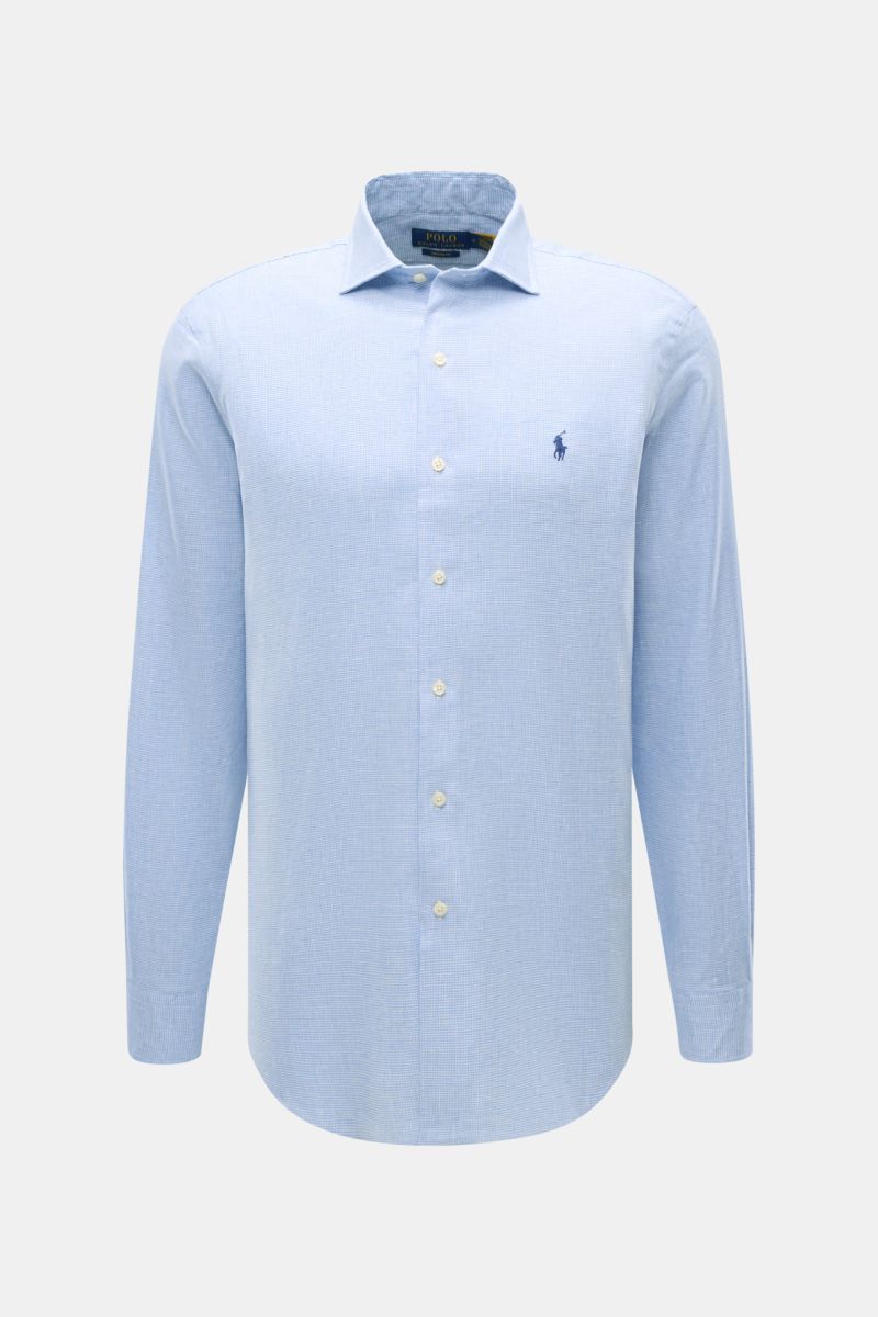 Front view of Polo Ralph Lauren Oxford shirt shark collar light blue/white checked, a slim fit linen and cotton shirt with elasticated fabric, soft feel, timeless checked pattern, shark collar, signature polo player stitching, French button placket, class