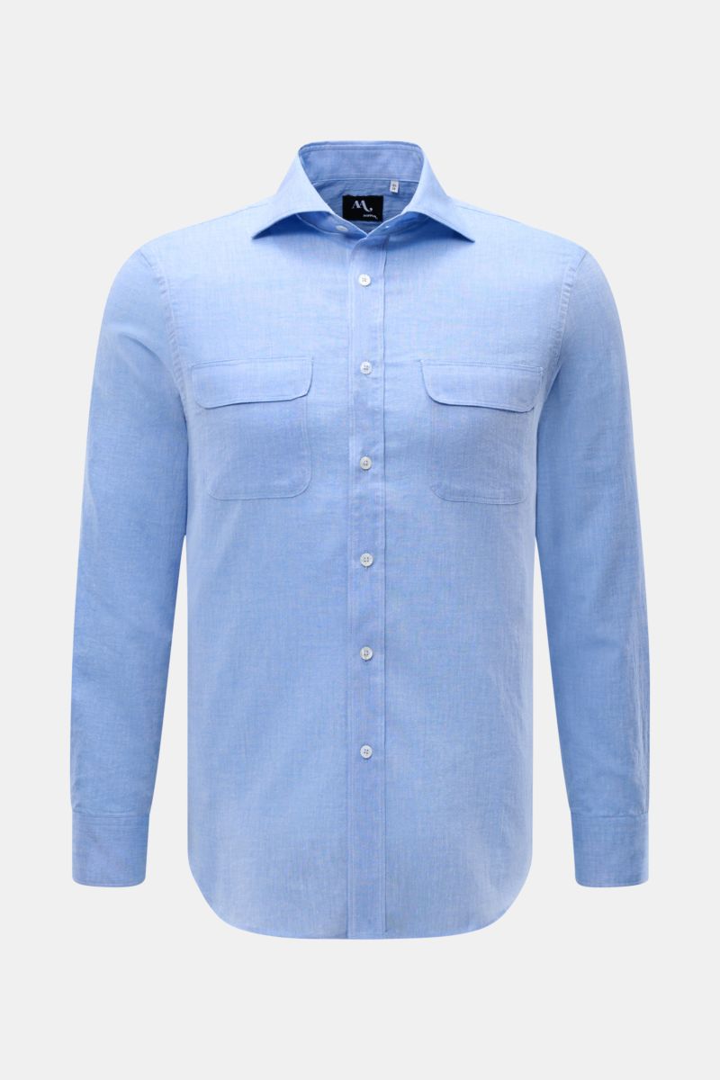 Doppiaa Casual Hemd 'Aantero' Haifisch-Kragen blau, Slim Fit, reine Baumwolle, luftige Qualität, Brusttaschen, Sportmanschette, Frontansicht.