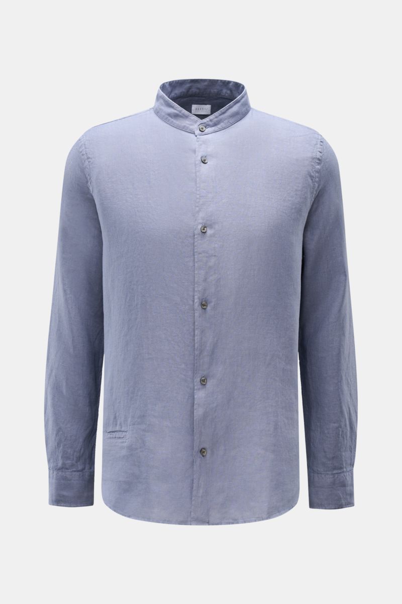 Front view of 04651/ A trip in a bag Linen shirt 'Linen Guru' grandad collar grey-blue, a pure linen casual shirt with soft feel, regular fit, grandad collar, French button placket, small welt pocket, classic barrel cuffs, woven label in side seam, slight