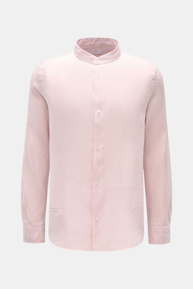 Front view of 04651/ A trip in a bag Linen shirt 'Linen Guru' grandad collar rose, a pure linen casual shirt with soft feel, regular fit, French button placket, small welt pocket, classic barrel cuffs, woven label in side seam, slightly rounded hem, and s
