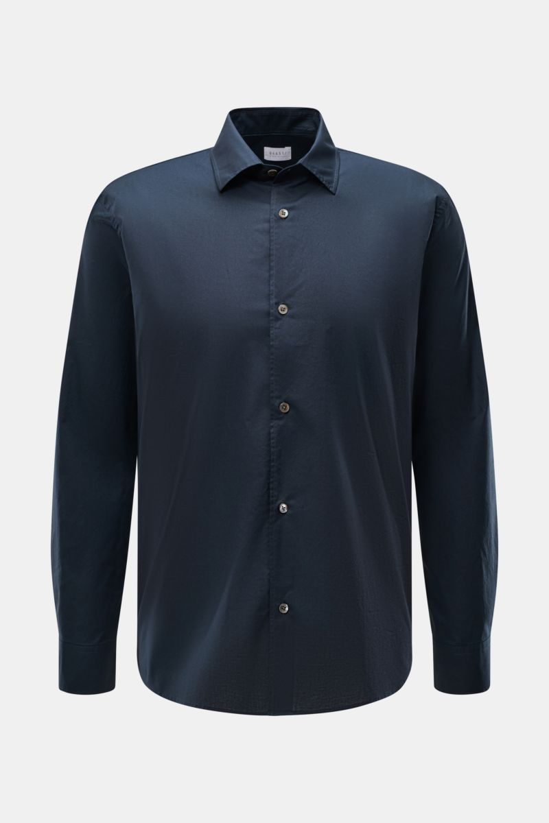 Front view of a navy long-sleeve shirt with buttons and slim collar, “04651/ A trip in a bag Casual shirt 'Cloudy Shirt' slim collar navy,” lightweight pure cotton fabric with classic barrel cuffs and slightly rounded hem.

