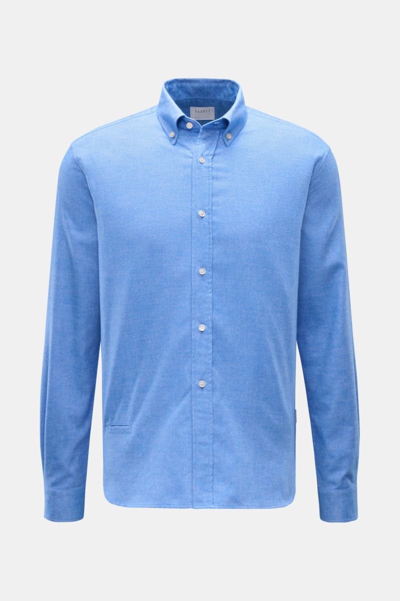 Frontale Nahaufnahme des 04651/ A trip in a bag Flanellhemd Button-Down-Kragen blau meliert mit Button-Down-Kragen, aufgesetzter Knopfleiste, kleiner paspelierter Tasche, klassischer Sportmanschette und leicht gerundetem Saum aus reiner Baumwolle, Regular