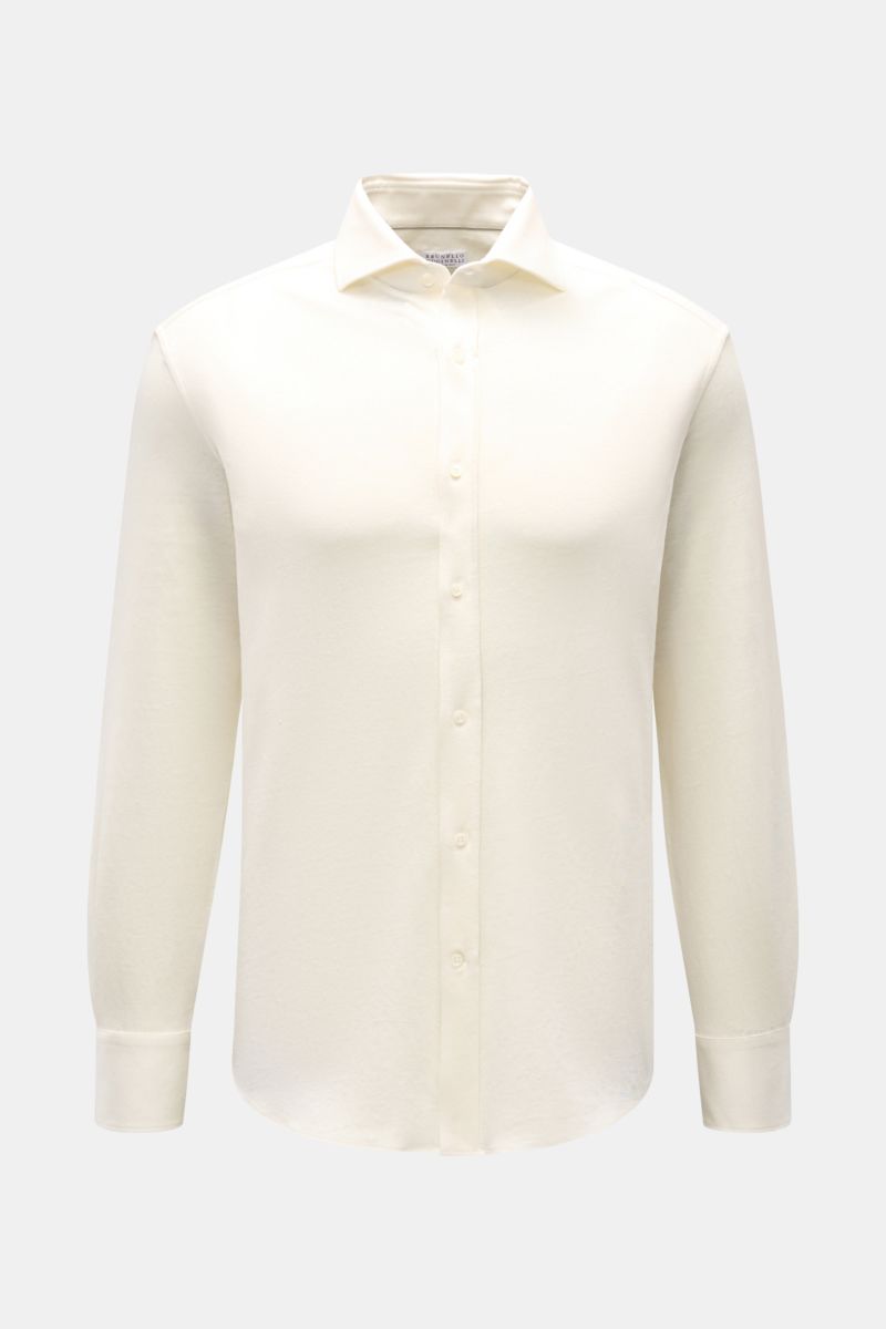 Front view of Brunello Cucinelli Jersey-Hemd Haifisch-Kragen creme, a cream-colored shirt with shark collar, linen-cotton blend, soft touch, regular fit, button placket, classic sport cuffs, and slightly rounded hem. Zeitlose Raffinesse: Das BRUNELLO C