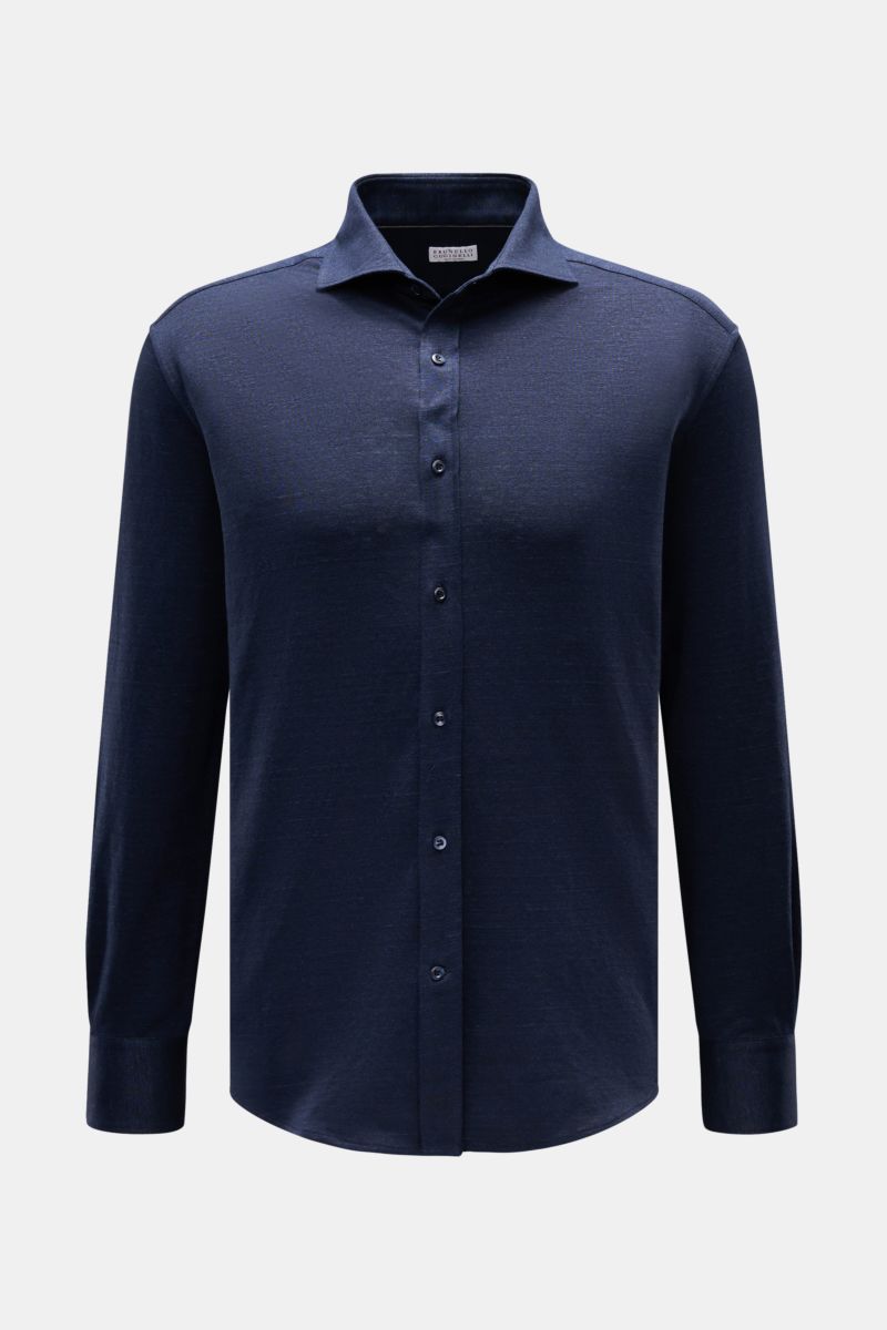 Brunello Cucinelli Jersey-Hemd Haifisch-Kragen navy meliert, frontale Aufnahme, Regular Fit, weicher Griff, Leinen-Baumwoll-Mix, Knopfleiste, Sportmanschette, gerundeter Saum.