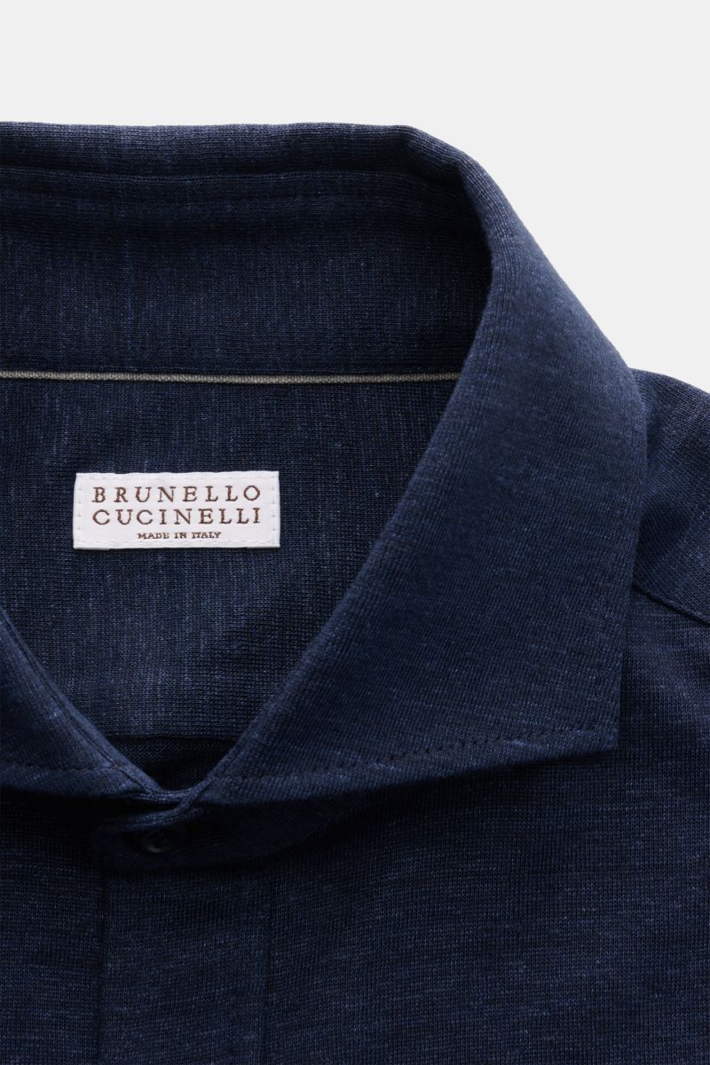 Brunello Cucinelli Jersey-Hemd Haifisch-Kragen navy meliert, frontale Nahaufnahme, Leinen-Baumwoll-Mix, weicher Griff, Regular Fit, Knopfleiste, Sportmanschette, gerundeter Saum.