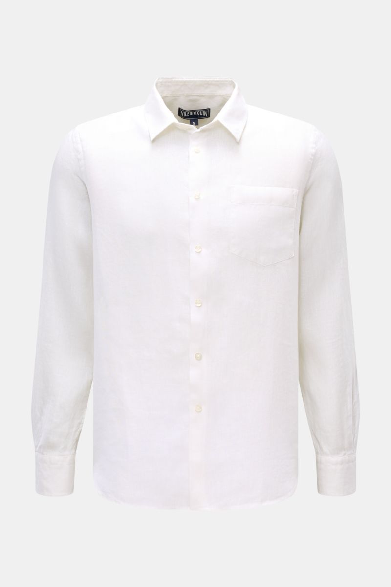 Front view of Vilebrequin Linen shirt slim collar white, featuring lightweight fabric, soft feel, regular fit, narrow collar, French button placket, classic barrel cuffs, patch breast pocket, rounded hem, and tonal stitching on the hem.