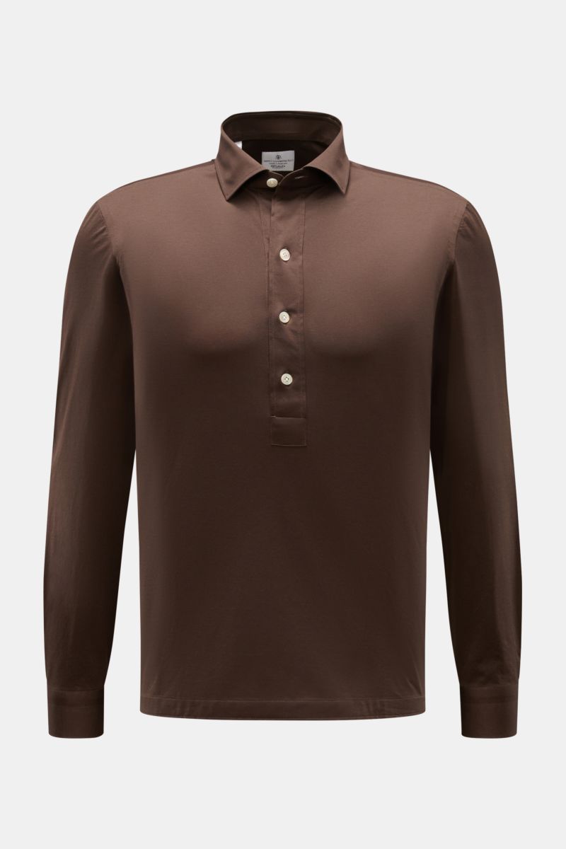 Giampaolo Jersey Popover-Hemd Haifisch-Kragen braun, frontale Ansicht, Baumwoll-Jersey, Regular Fit, Perlmuttknöpfe, Sportmanschette, gerader Saum.