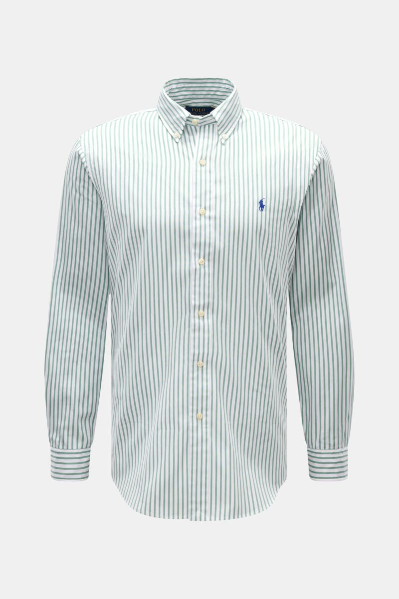 Polo Ralph Lauren Casual Hemd Button-Down-Kragen grün/weiß gestreift, Frontansicht, reine Baumwolle, weicher Griff, klassisches Streifen-Design, Regular Fit, Polospieler-Stitching, Knopfleiste, Sportmanschette, Rückenpasse mit Quetschfalte, gerundeter Sau