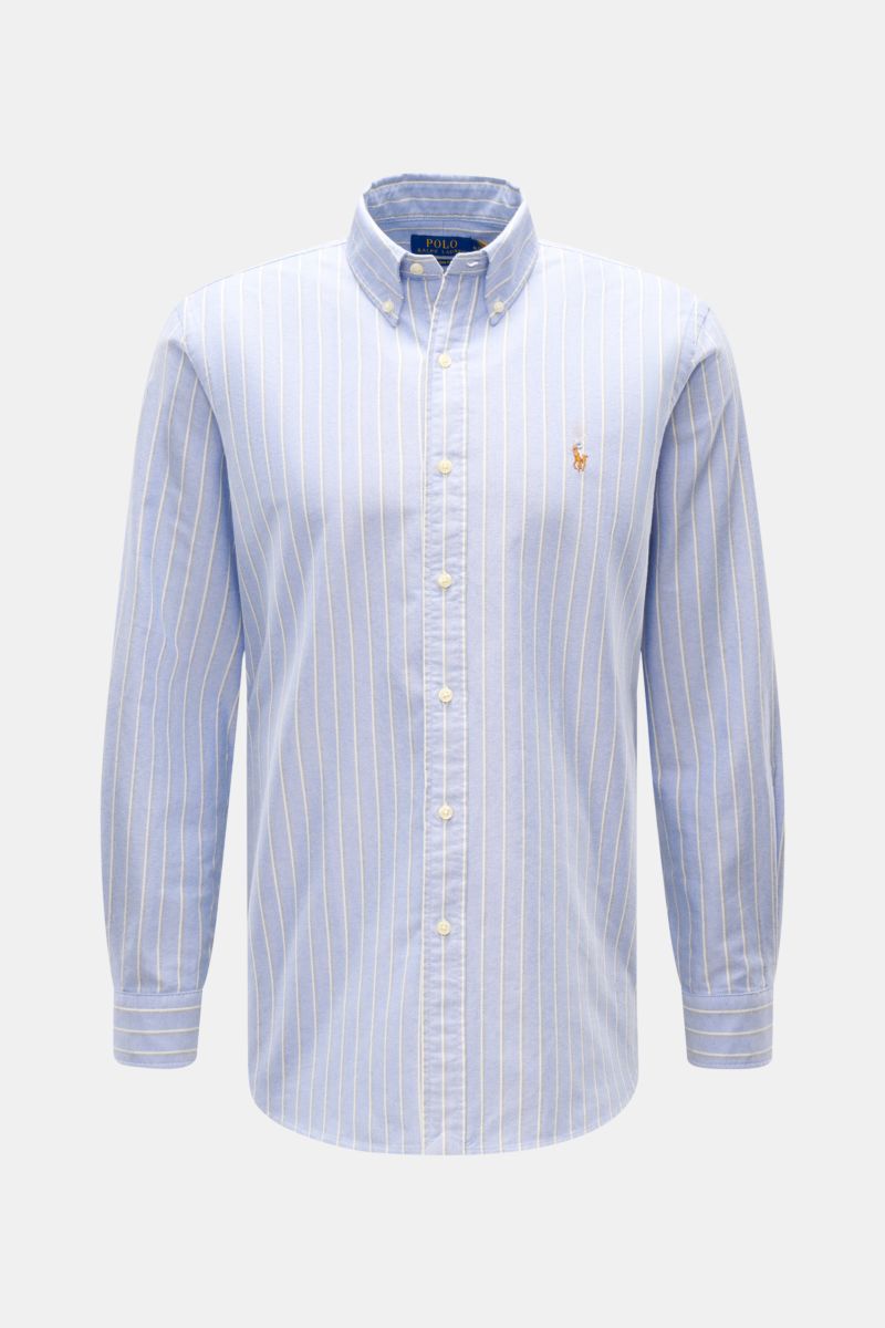 Polo Ralph Lauren Oxford-Hemd Button-Down-Kragen blau/dunkelgrau/weiß gestreift, Frontansicht, reine Baumwolle, Custom Fit, Polospieler-Stitching.