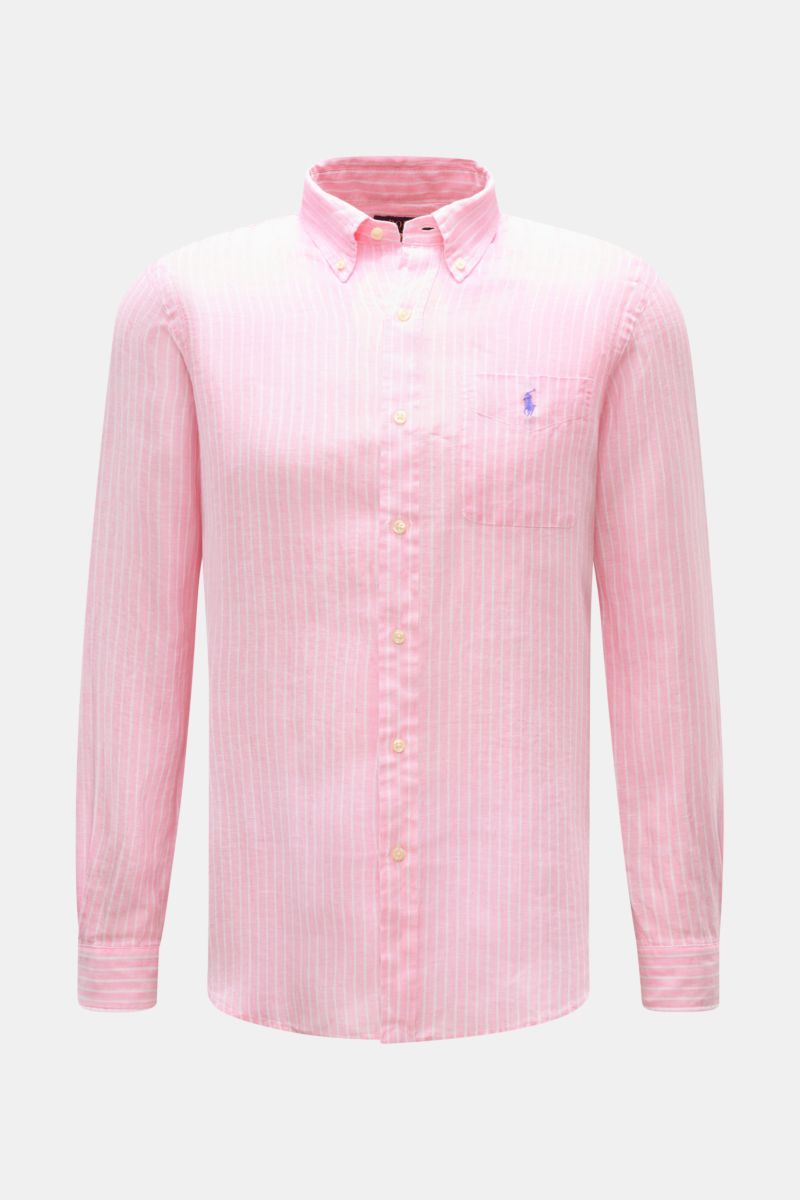 Polo Ralph Lauren Chambray-Leinenhemd Button-Down-Kragen rosé/weiß gestreift, slim fit, weicher Griff, Frontansicht mit Polospieler-Stitching und gerundetem Saum.