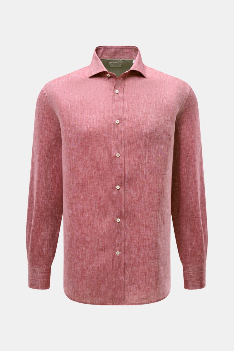 Front view of Brunello Cucinelli Leinenhemd Haifisch-Kragen rot meliert, a red melange linen shirt with a shark collar, mother-of-pearl buttons, classic sport cuffs, and a slightly rounded hem. Feinste Leinenqualität: Das sommerlich-leichte Hemd mit Haifi