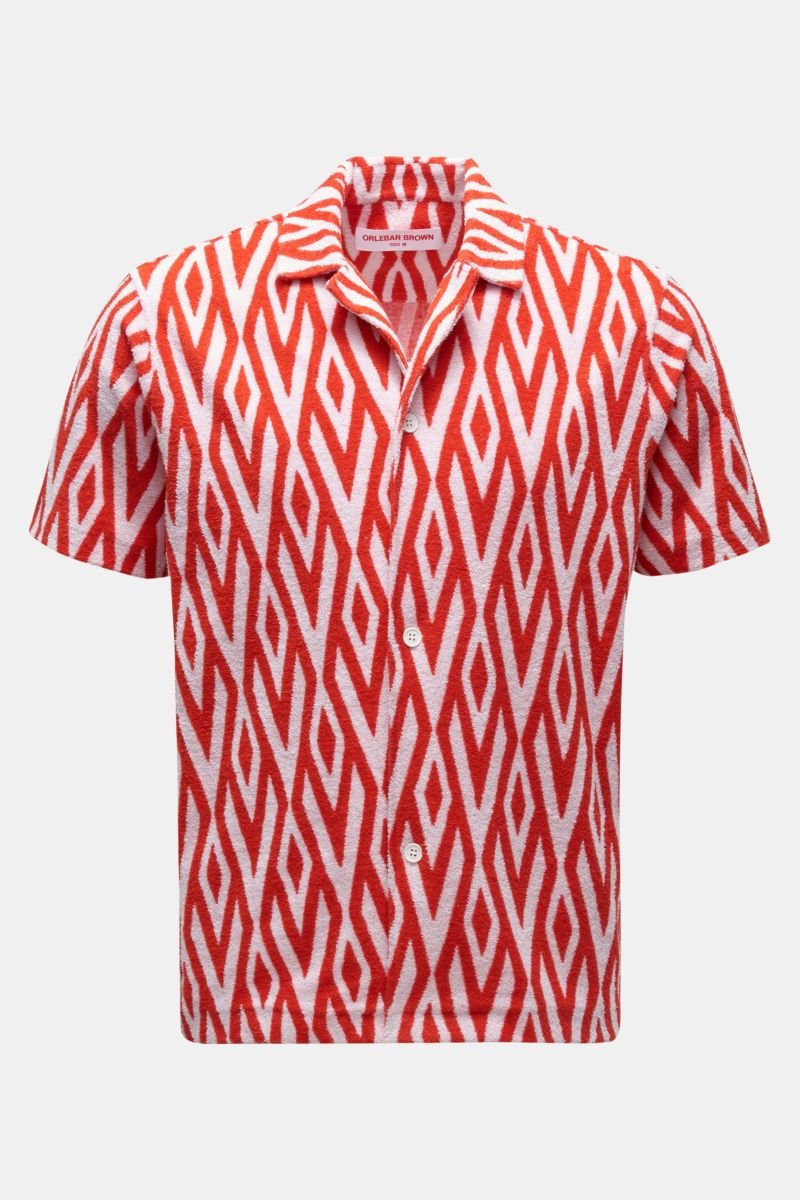 Terry short-sleeved shirt 'Howell Cano Jacquard' Cuban collar red/white patterned