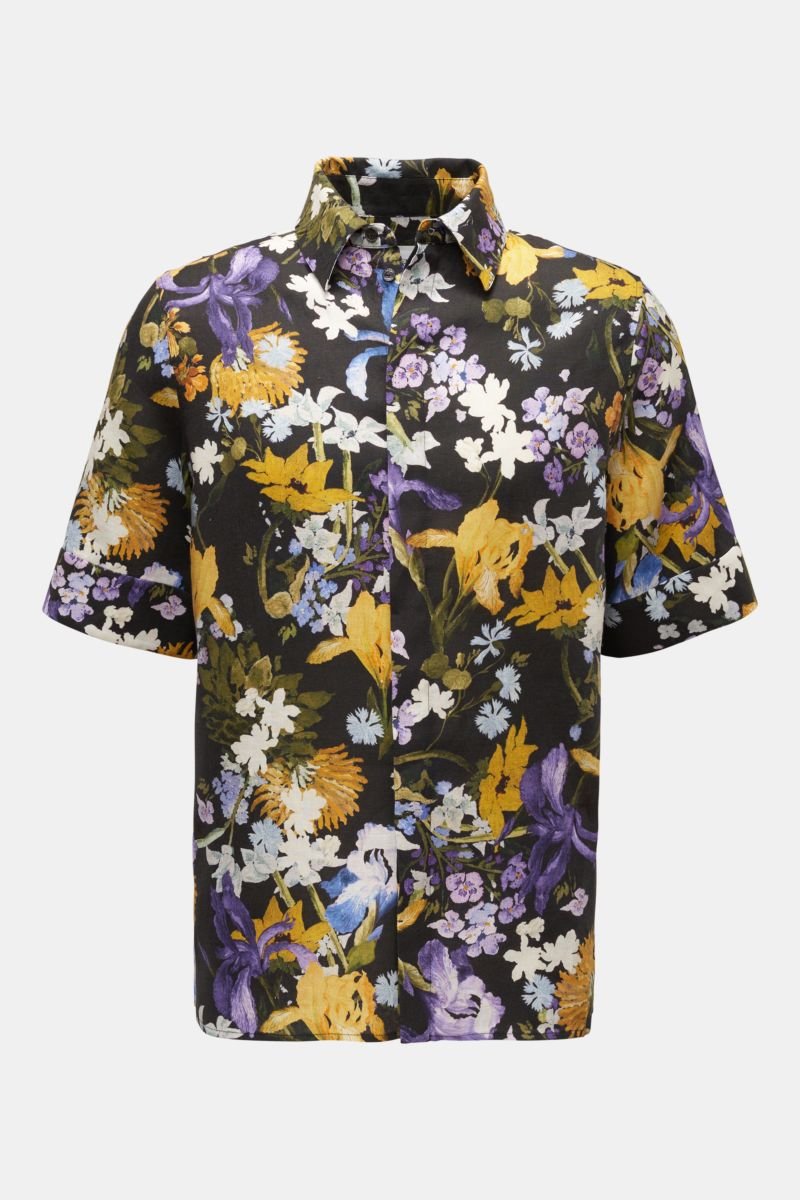 Leinen Kurzarmhemd 'Felipe' Kent-Kragen schwarz/gelb/violett gemustert