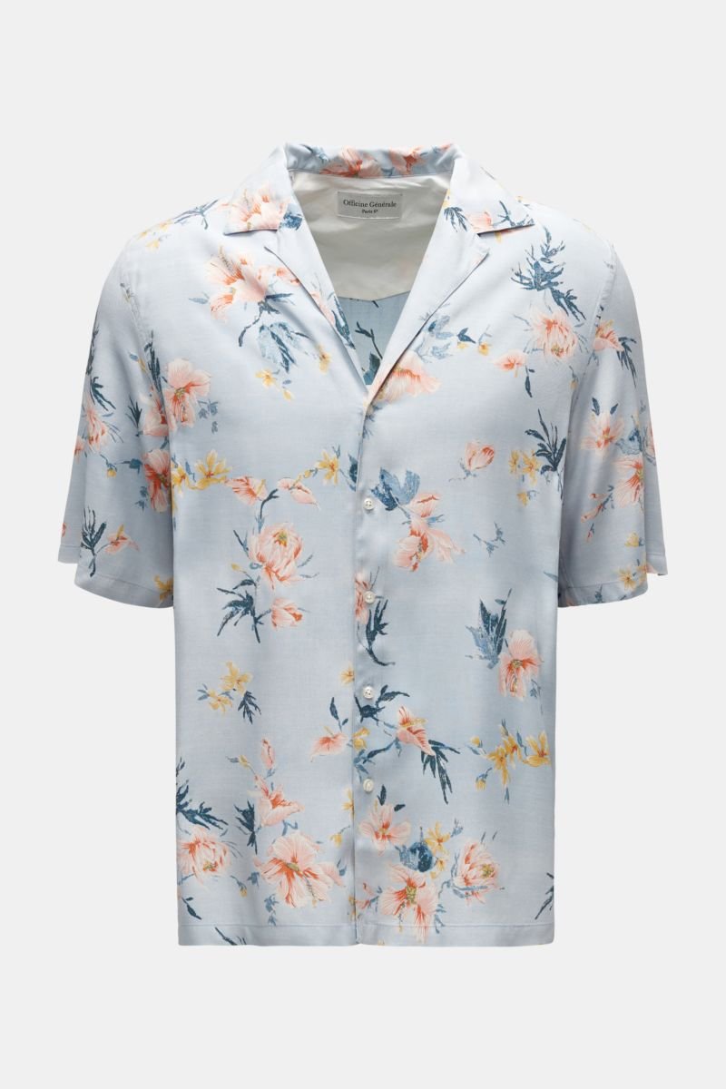 Short sleeve shirt Cuban collar light blue/rose/yellow patterned