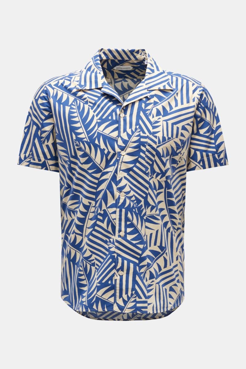 Short sleeve shirt Cuban collar cream/blue patterned