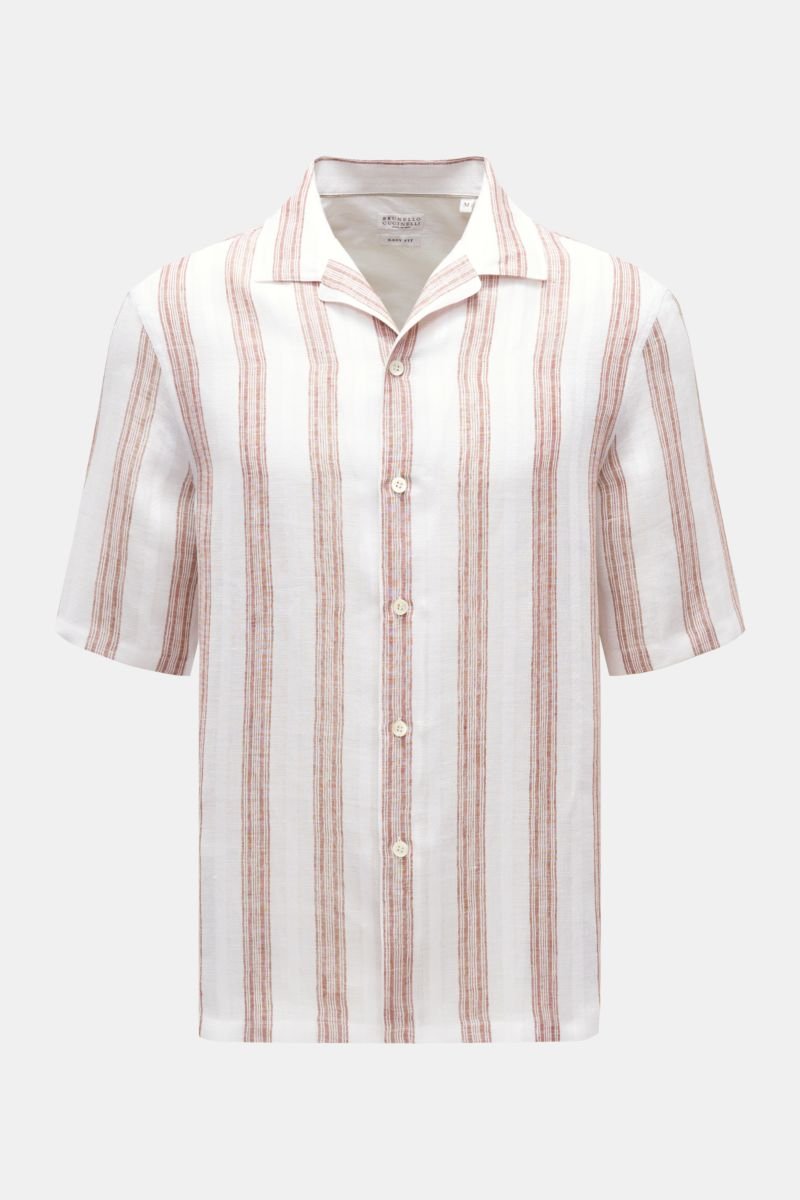 Linen short-sleeved shirt Cuban collar off-white/beige striped