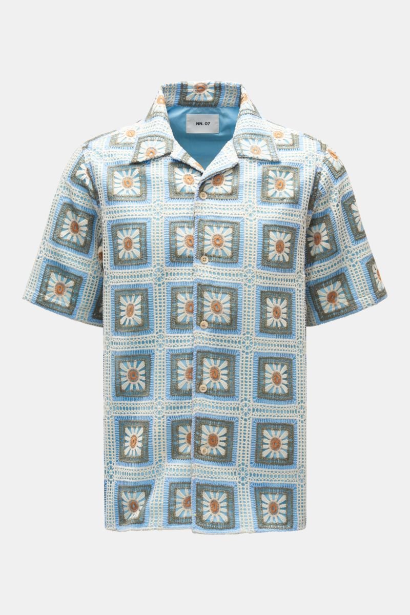 Crochet shirt 'Julio' Cuban collar light blue/cream patterned